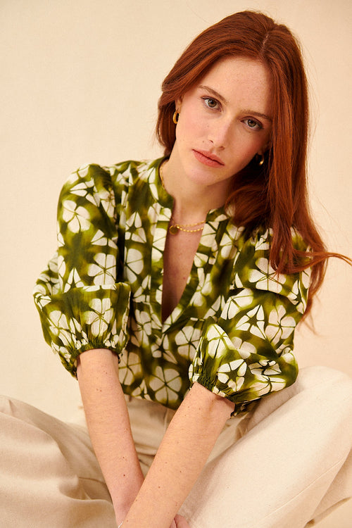 Blusa suelta de algodón con motivo floral y mangas 3/4 abullonadas garance paris ropa mujer