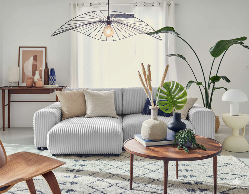 Garance - Canapé D'Angle Réversible - 4 Places - Velours Grosses Côtes - Gris Clair