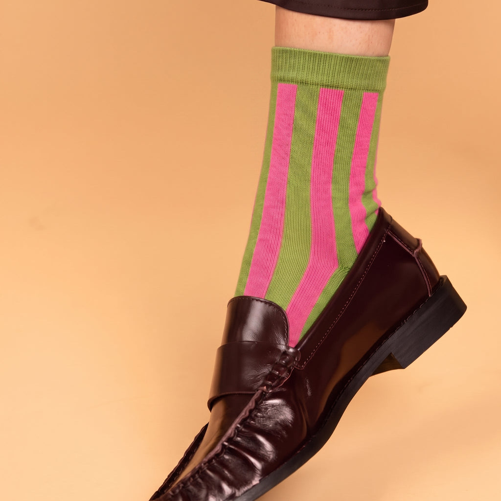 Chaussettes Rétro Rayées Bellagio - Olive Et Fuchsia