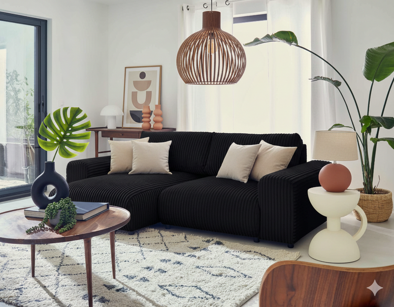 Garance - Canapé D'Angle Réversible - 4 Places - Velours Grosses Côtes - Noir