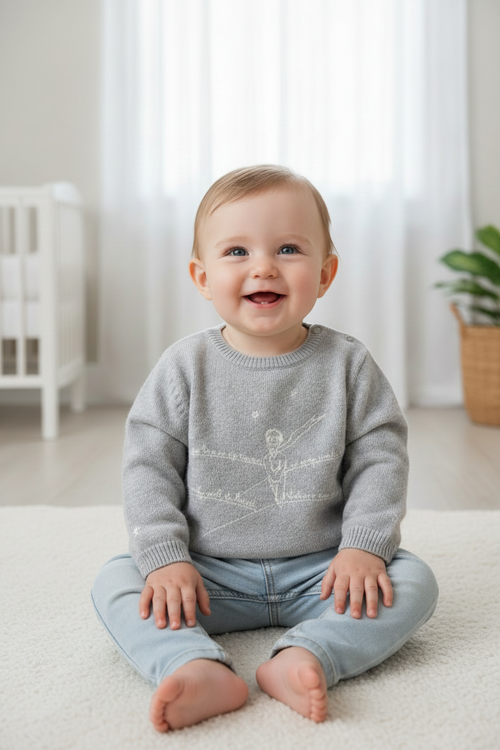 La Marche Print Round Neck Sweater - Sasha - Gray - 100% Cashmere