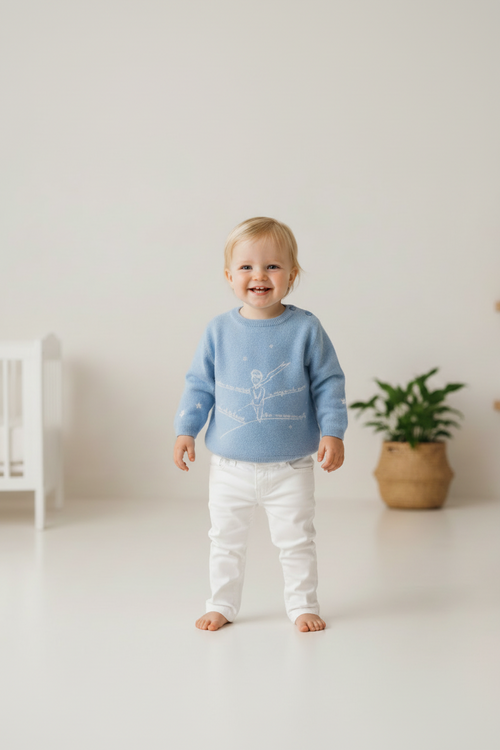 La Marche Print Round Neck Sweater - Sasha - Sky Blue - 100% Cashmere