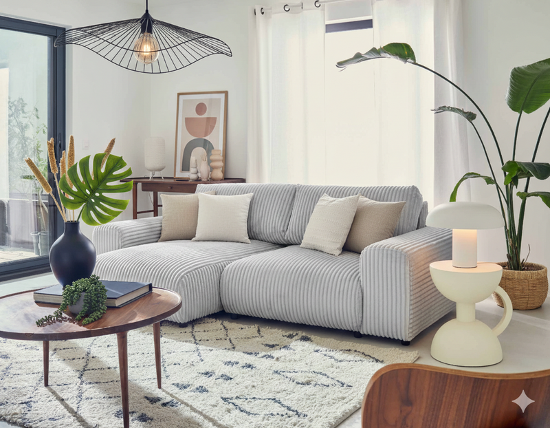 Garance - Canapé D'Angle Réversible - 4 Places - Velours Grosses Côtes - Gris Clair