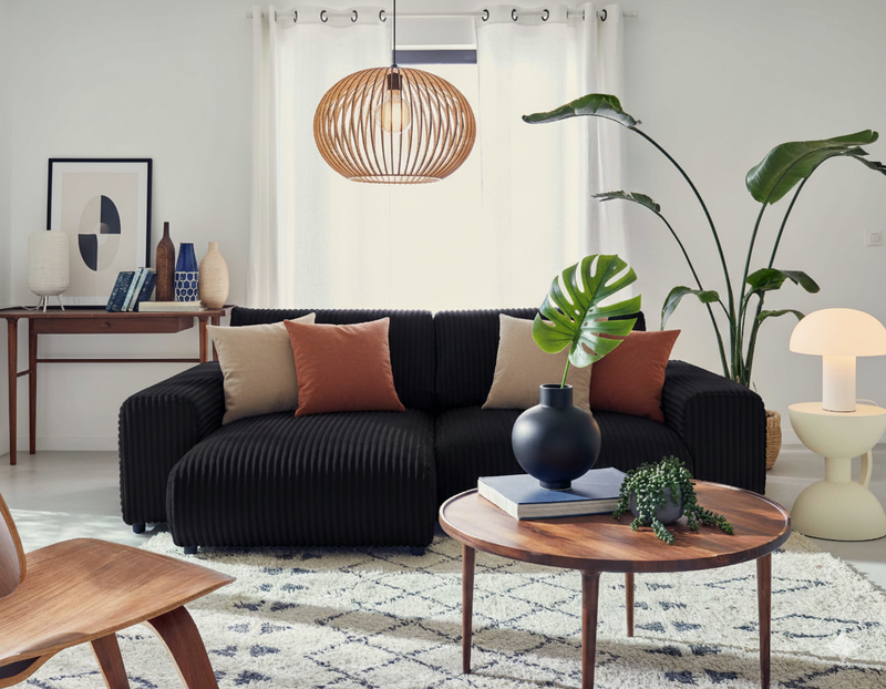 Garance - Canapé D'Angle Réversible - 4 Places - Velours Grosses Côtes - Noir