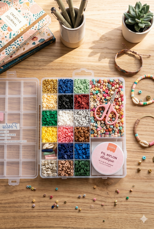 Maxi Boite - 16 Couleurs De Perles Heishi Nature Et Accessoires + Perles Lettres, Ciseaux Et Fil Élastique
