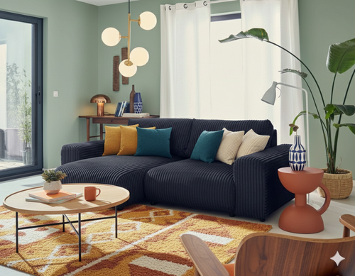 Garance - Sofá esquinero reversible - 4 plazas - Terciopelo acanalado grueso - Azul