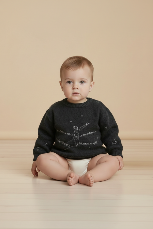 La Marche Print Round Neck Sweater - Sasha - Dark Gray - 100% Cashmere