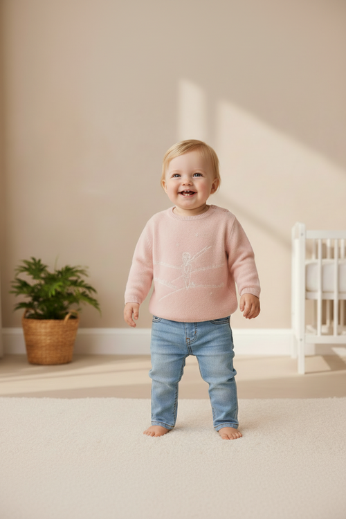 La Marche Print Round Neck Sweater - Sasha - Light Pink - 100% Cashmere