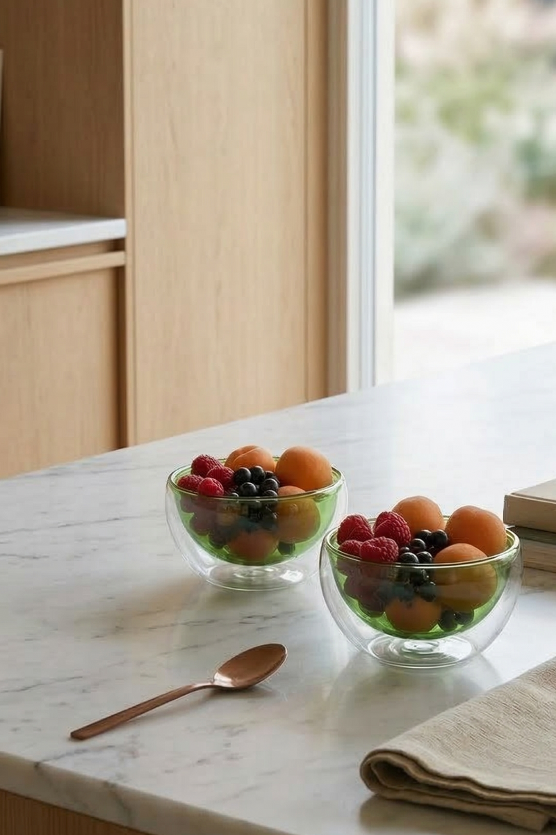 Set of 2 Double-Walled Glass Bowls - Green