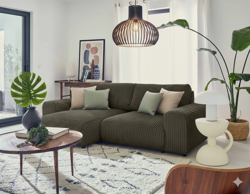 Garance - Canapé D'Angle Réversible - 4 Places - Velours Grosses Côtes - Vert