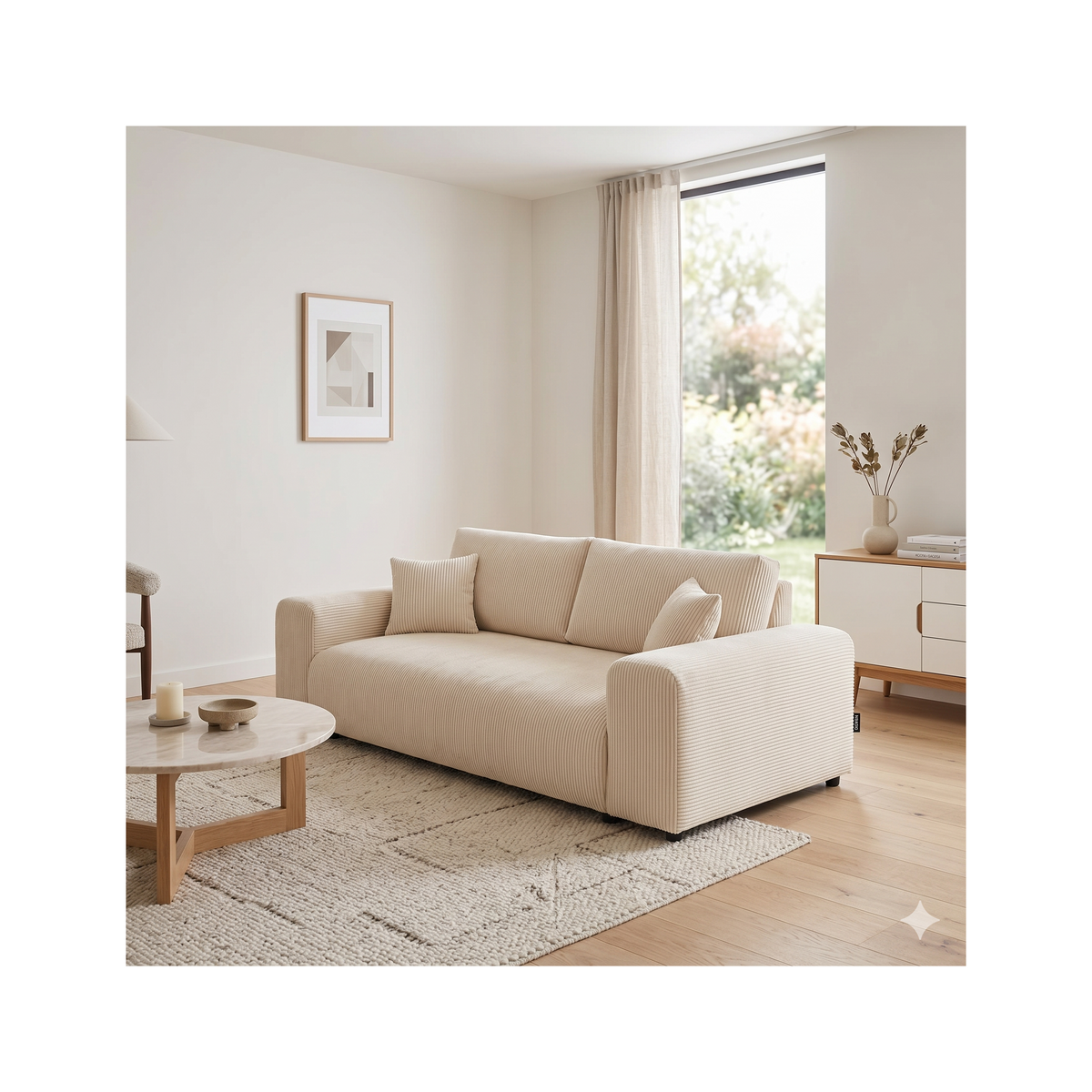 Garance - Canapé Droit - 3 Places - Velours Côtelé - Beige