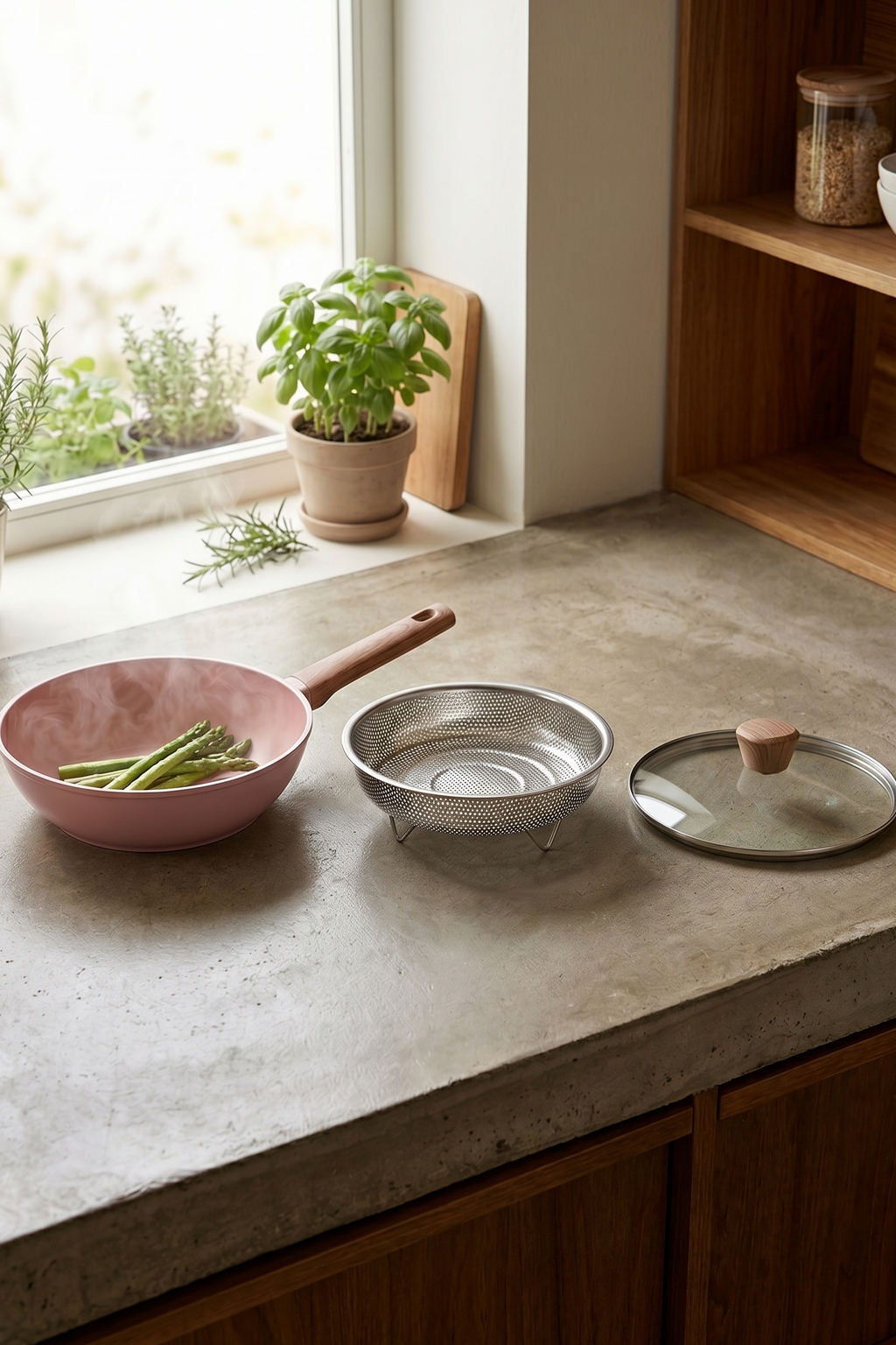 28cm Sauté Pan With Lid + Basket - Forged Aluminum - Ceramic Coating - Pink