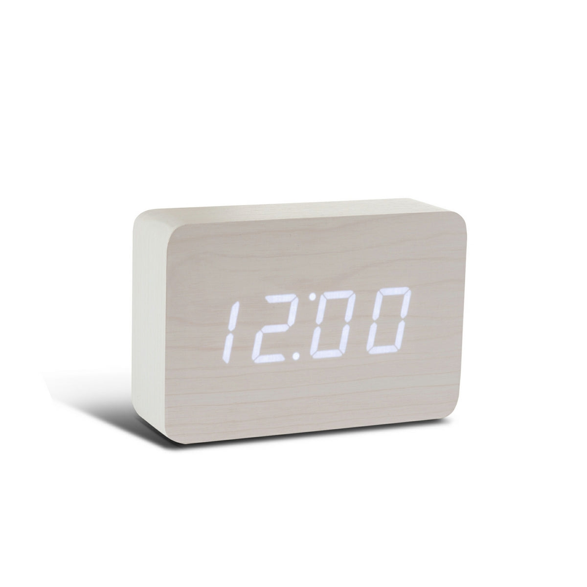 Gingko Design – Brick Click Alarm Clock - White / White LED, rectangular light wood digital alarm clock displaying the time 12:00