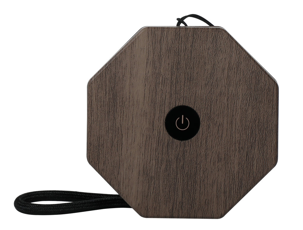 Gingko Design – Twist Hexagon Leuchte - Treibholz Walnuss - Mini, achteckiger Bluetooth-Lautsprecher aus dunklem Holz mit schwarzem Ein-/Ausschalter