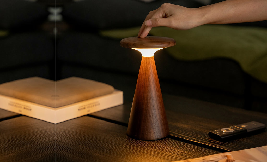 Gingko Design – Sylva Tischleuchte - Walnuss - 2 Größen, eingeschaltete Tischleuchte aus Holz auf einem Couchtisch