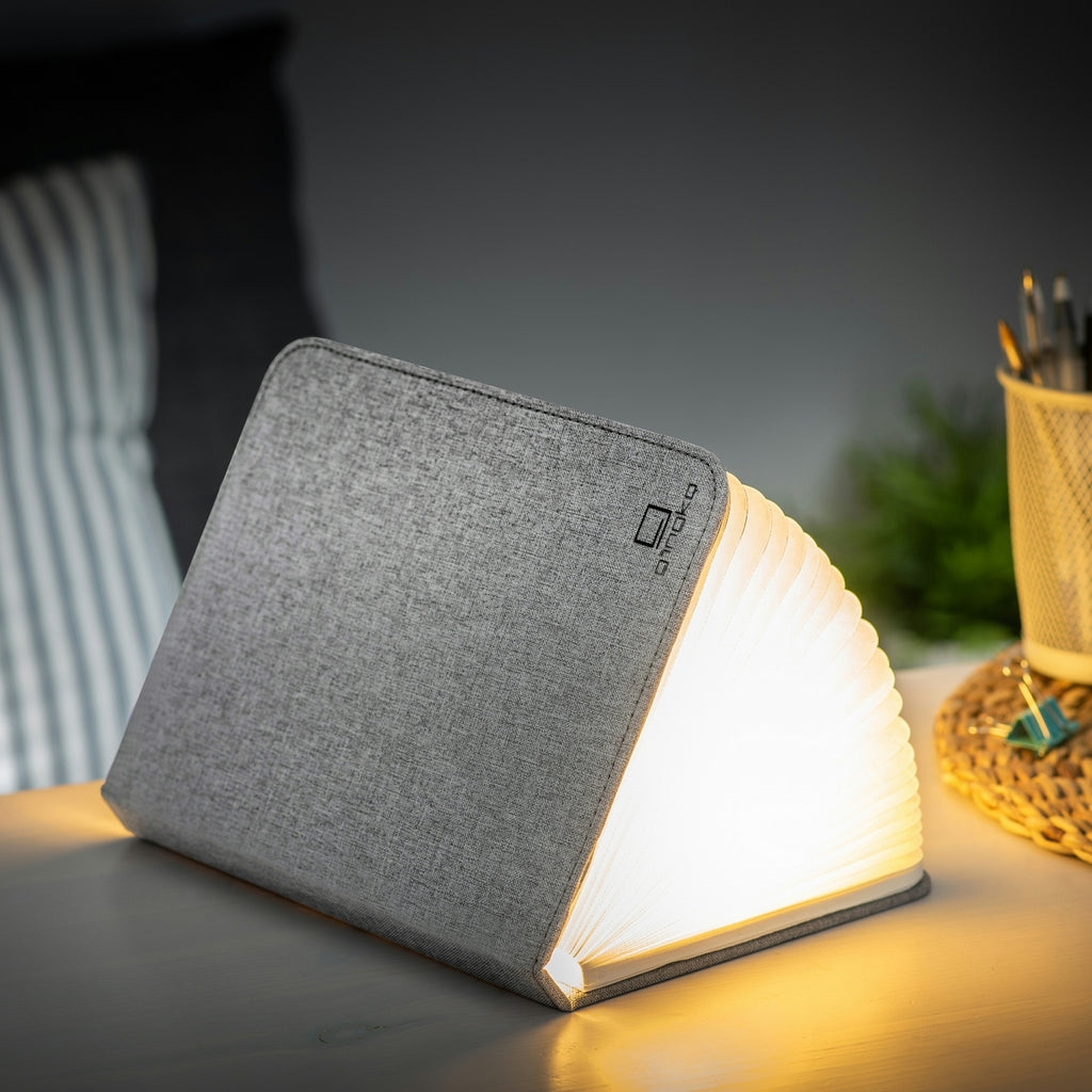 Gingko Design – Lampa Smart Book LED - Len Gris Urbain - 2 Tailles, lampka nocna w kształcie otwartej książki, ciepłe światło