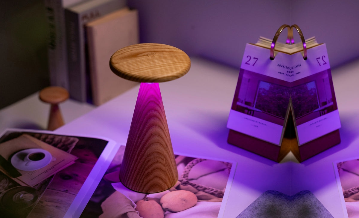 Gingko Design – Sylva Tischleuchte – Weiße Esche – 2 Größen, Holztischleuchte mit violettem Licht, Kalender und Büchern