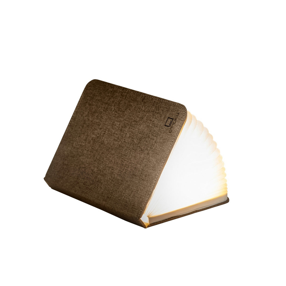 Gingko Design – Lámpara Smart Book LED - Lino Marrón Café - Mini, libro luminoso marrón abierto sobre fondo blanco, vista de tres cuartos