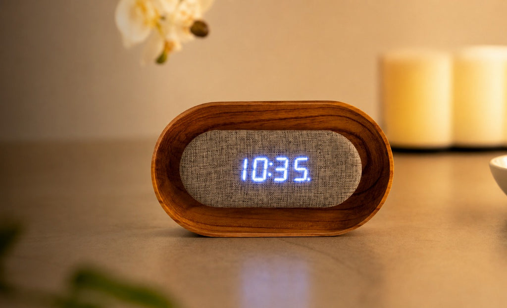 Gingko Design – Lumos Uhr - Oval Weiße Esche, digitaler Holzwecker mit leuchtend blauer Zeitanzeige
