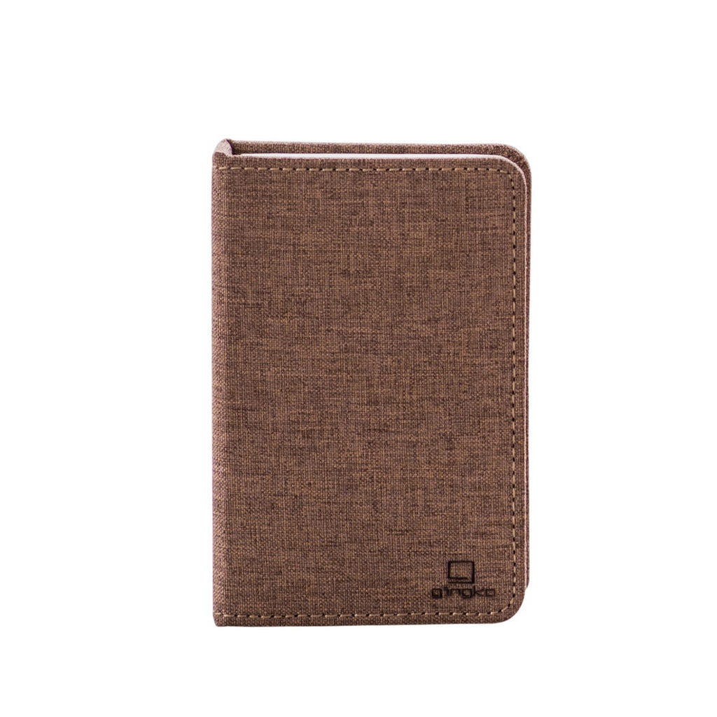 Gingko Design – Lámpara Smart Book LED - Lino Marrón Café - Mini, tarjetero de tela marrón, vista frontal sobre fondo blanco