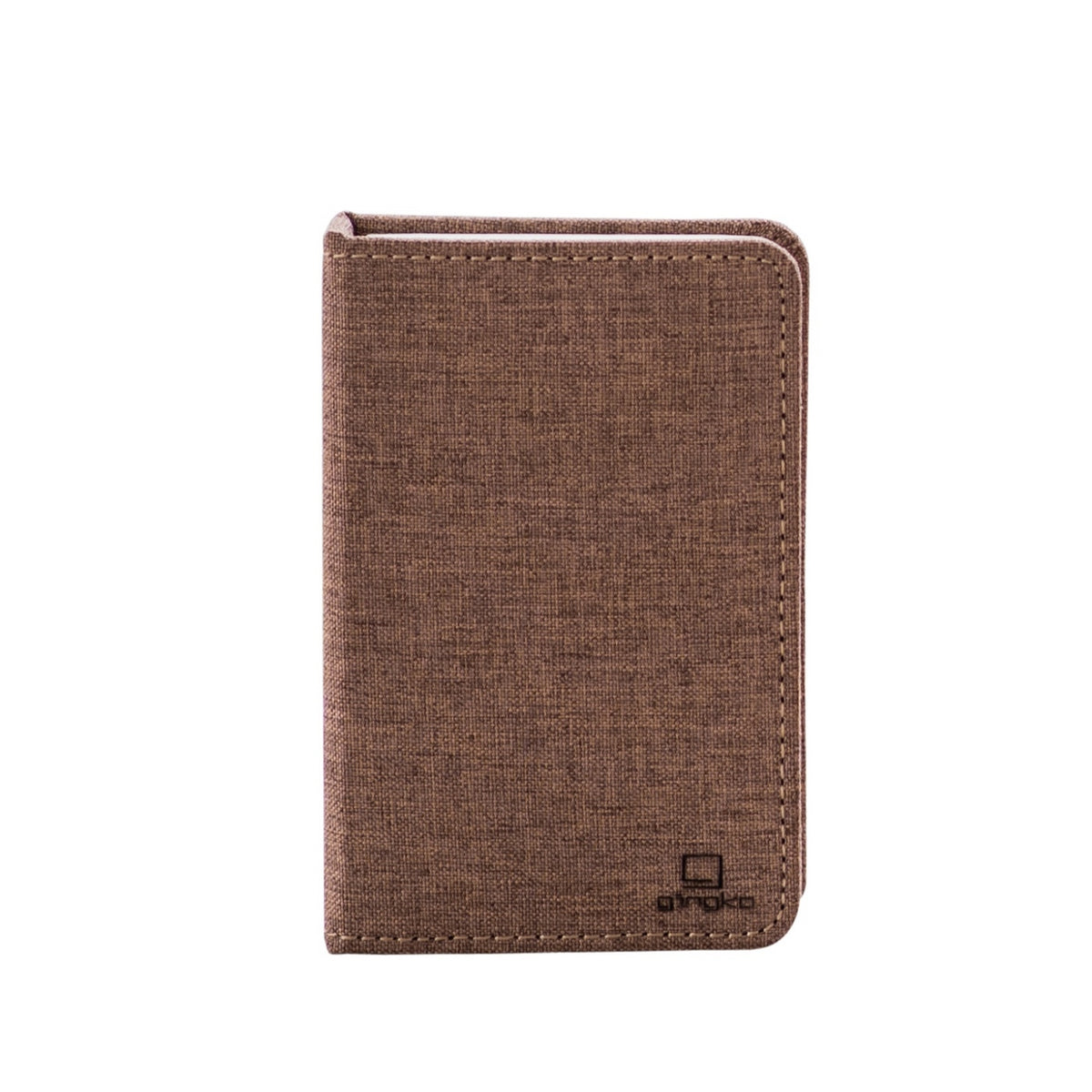 Gingko Design – Lámpara Smart Book LED - Lino Marrón Café - Mini, tarjetero de tela marrón, vista frontal sobre fondo blanco