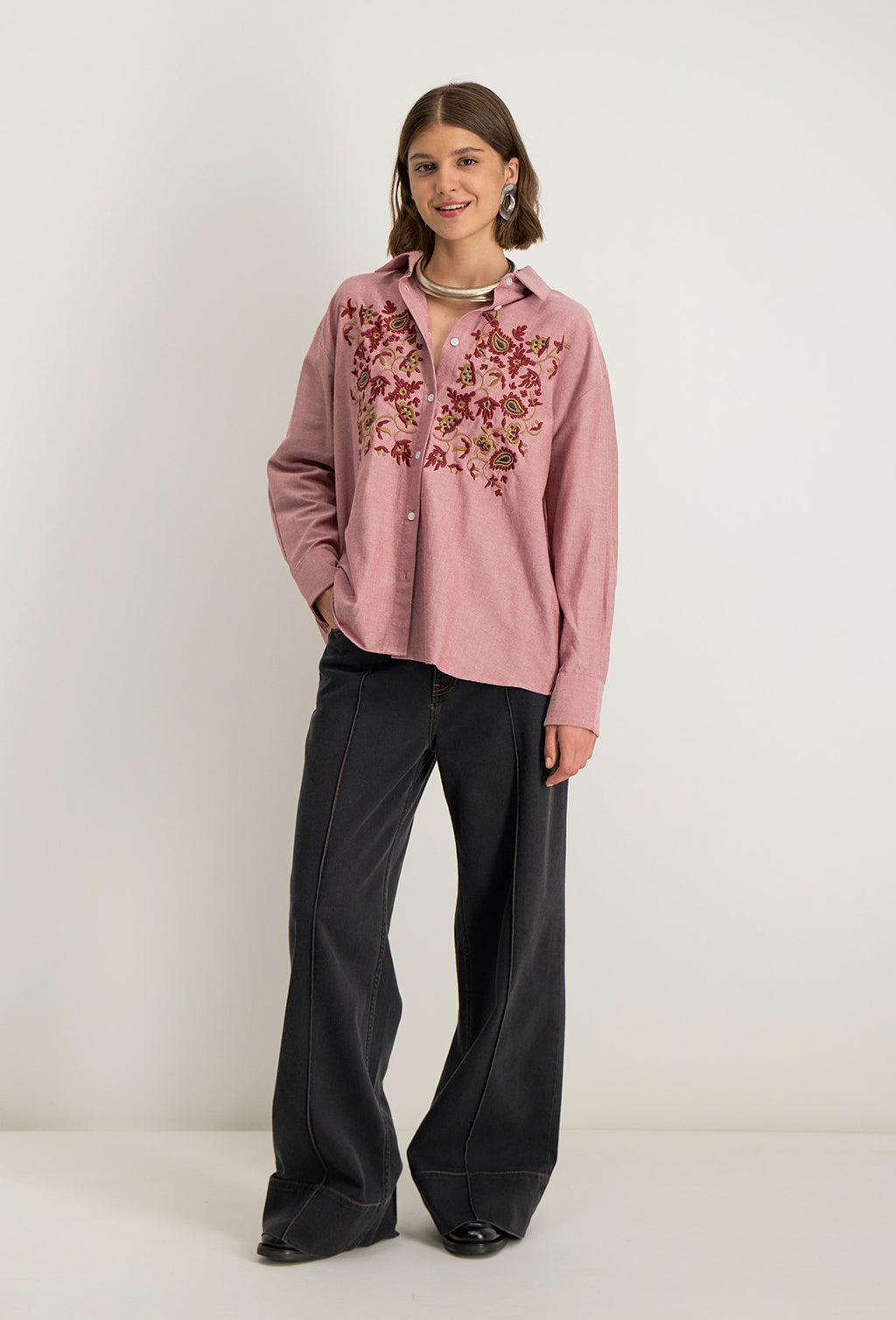 Zynae Long-Sleeved Oversized Shirt - Burgundy