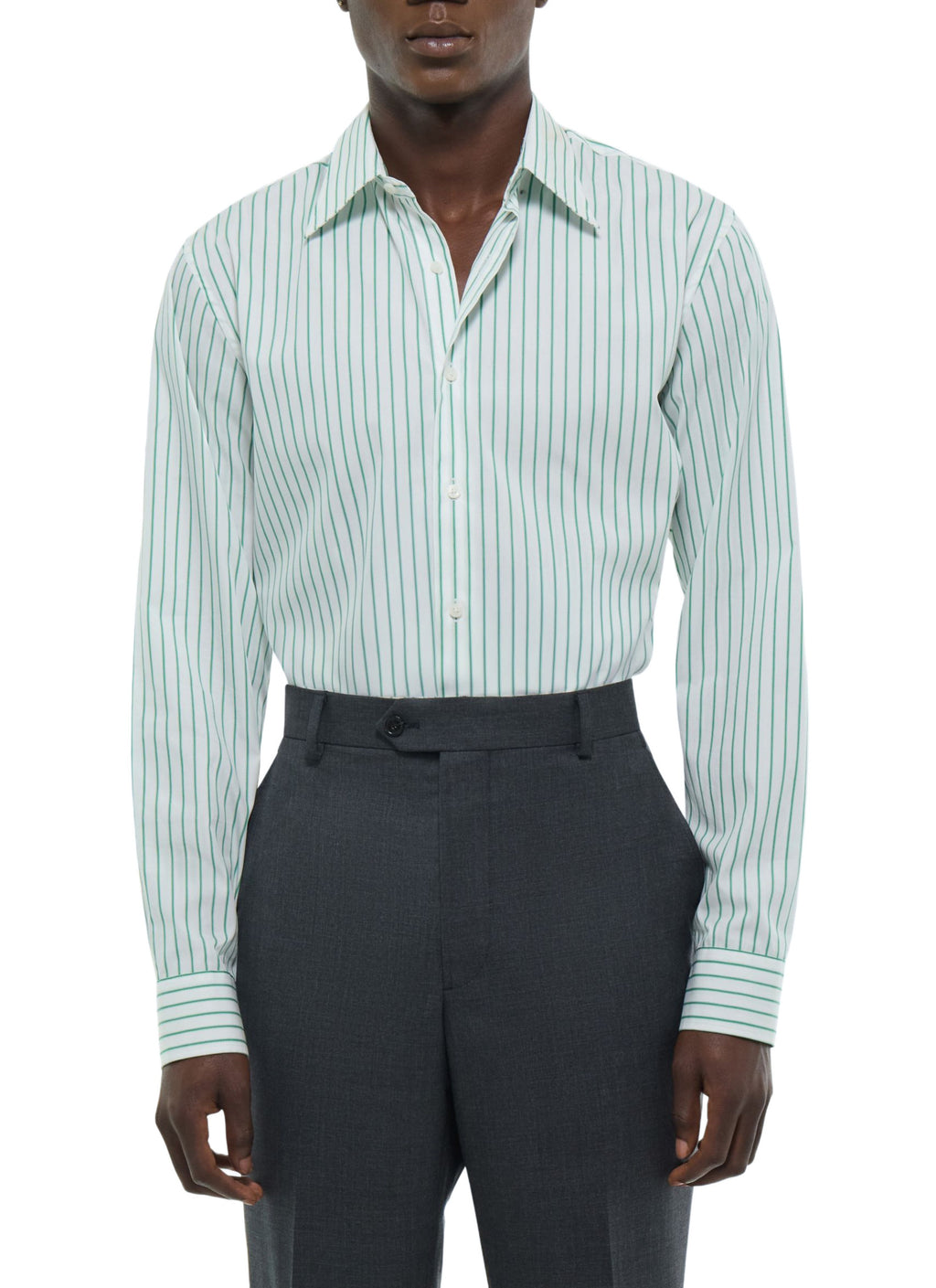 Camisa Con Cuello Golondrina En Popelín De Rayas - Verde Manzana