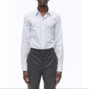 Cotton Stand Collar Shirt - White - Irregular Sky Blue And Black Stripes