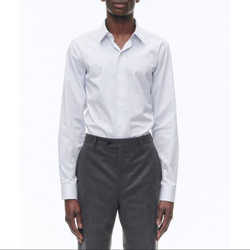 Cotton Stand Collar Shirt - White - Irregular Sky Blue And Black Stripes