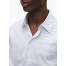 Cotton Stand Collar Shirt - White - Irregular Sky Blue And Black Stripes
