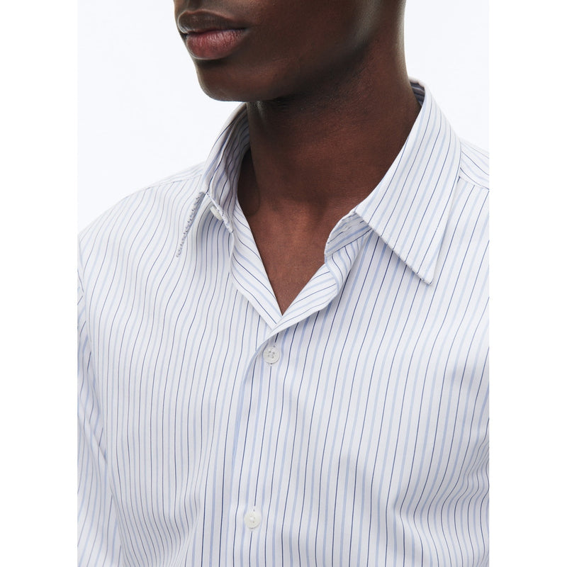 Cotton Stand Collar Shirt - White - Irregular Sky Blue And Black Stripes