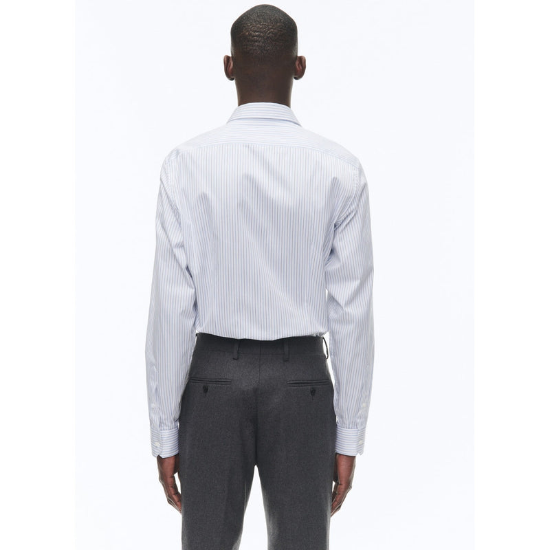 Cotton Stand Collar Shirt - White - Irregular Sky Blue And Black Stripes