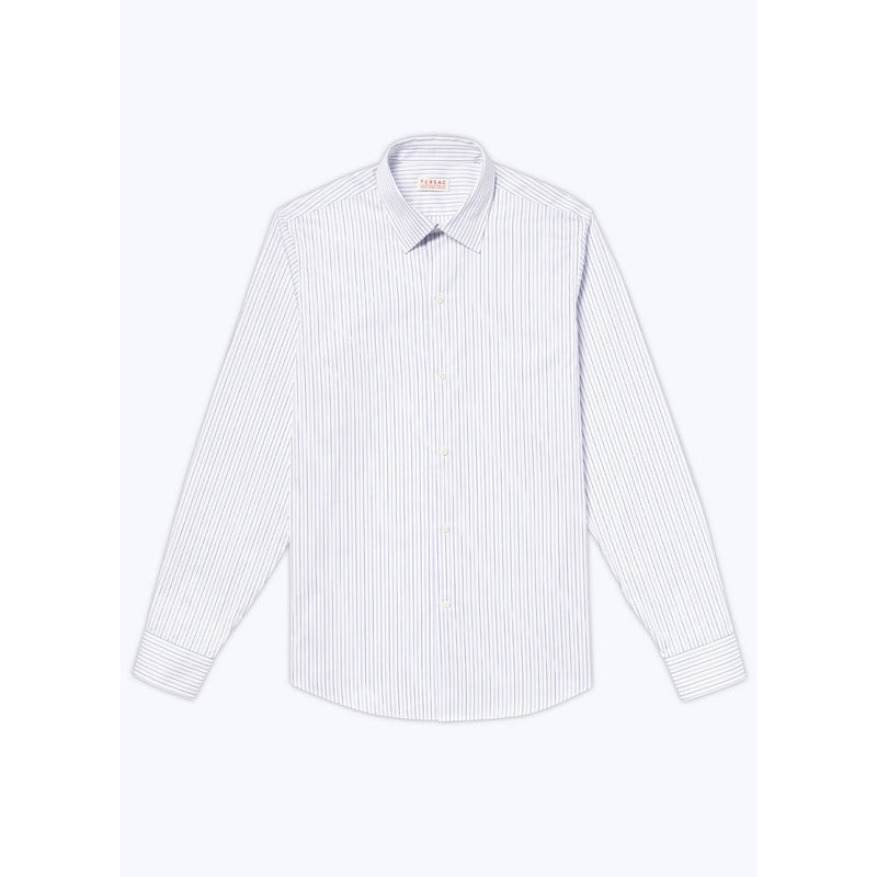 Cotton Stand Collar Shirt - White - Irregular Sky Blue And Black Stripes