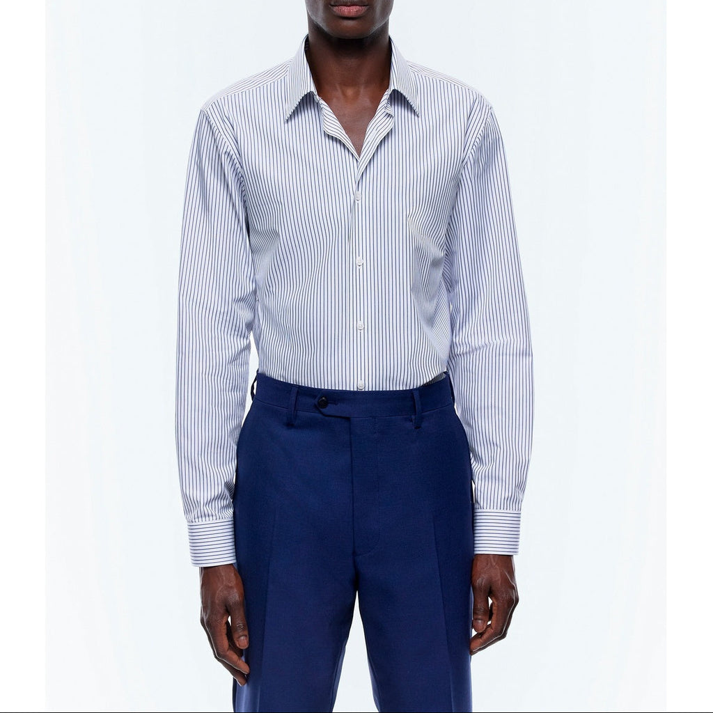 Straight Collar Shirt In Certified Cotton - White And Blue Stripes