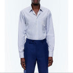 Straight Collar Shirt In Certified Cotton - White And Blue Stripes