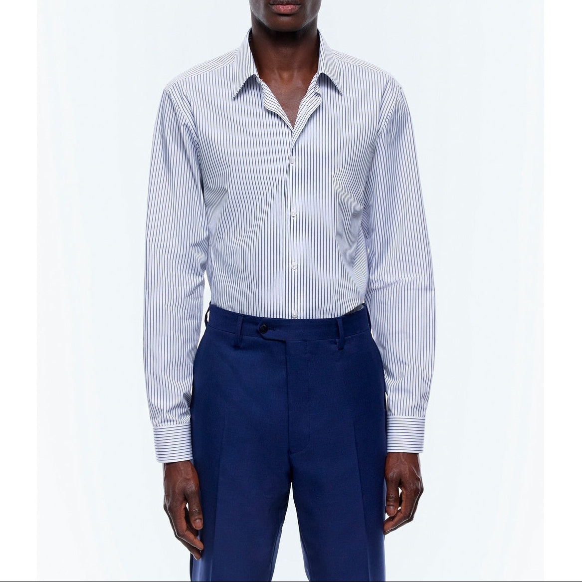 Straight Collar Shirt In Certified Cotton - White And Blue Stripes