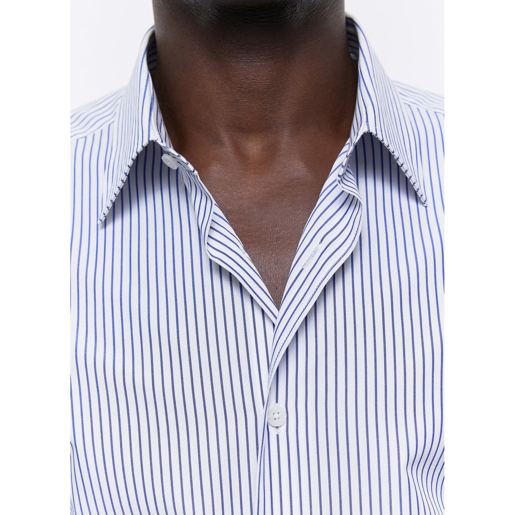 Straight Collar Shirt In Certified Cotton - White And Blue Stripes