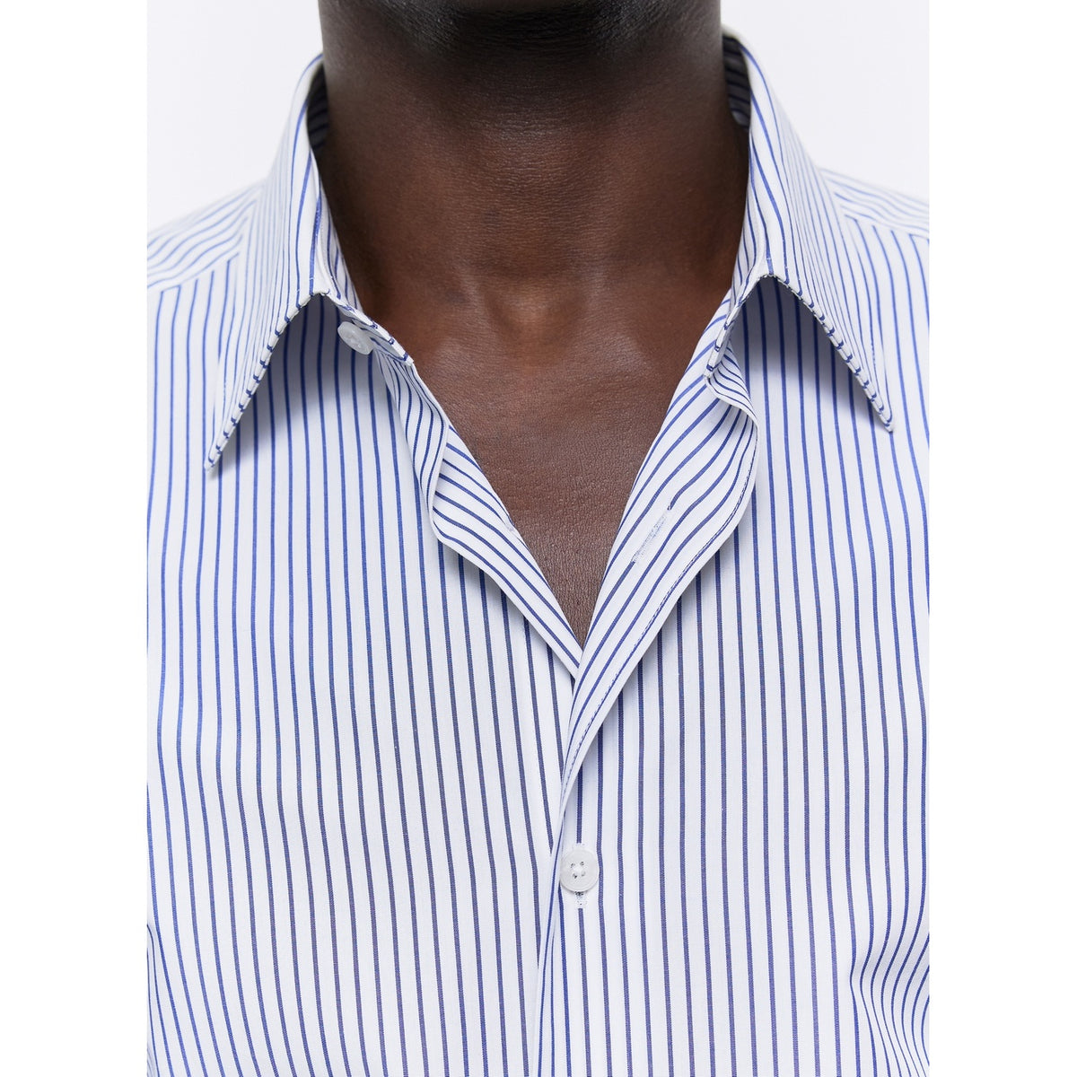 Straight Collar Shirt In Certified Cotton - White And Blue Stripes
