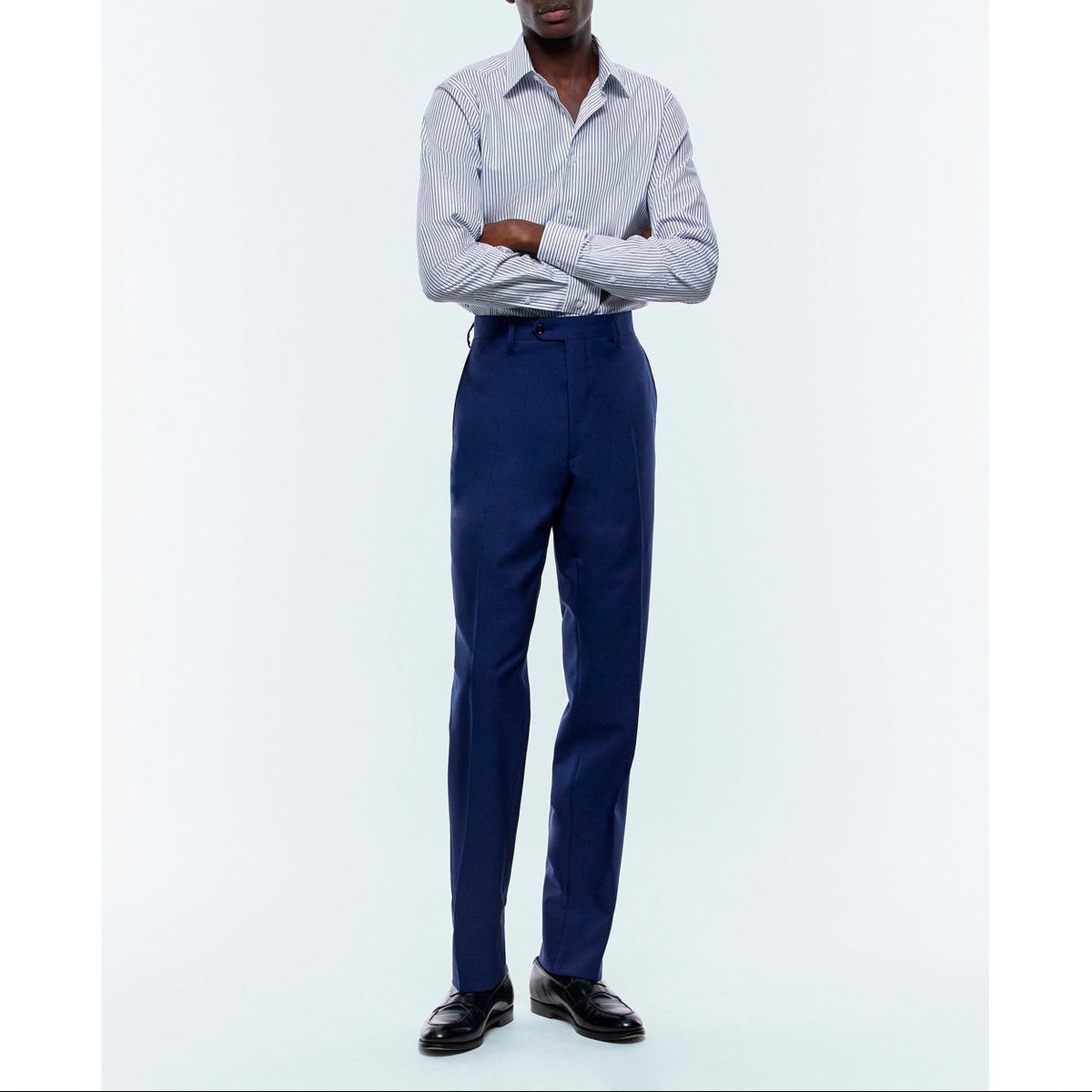 Straight Collar Shirt In Certified Cotton - White And Blue Stripes