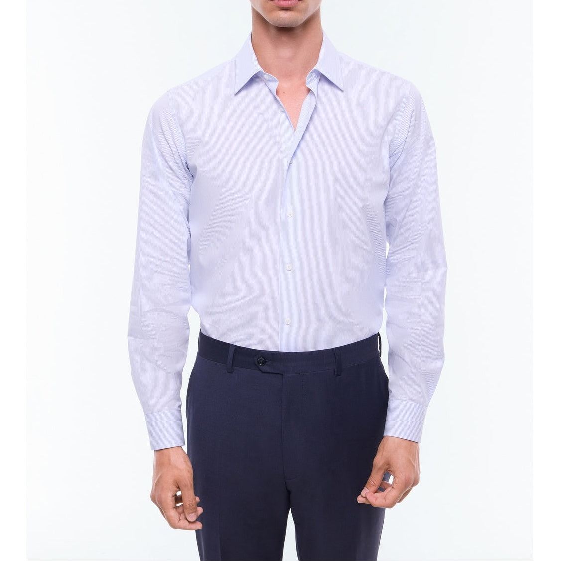 Chemise Rayée À Col Droit En Coton - Bleu Ciel