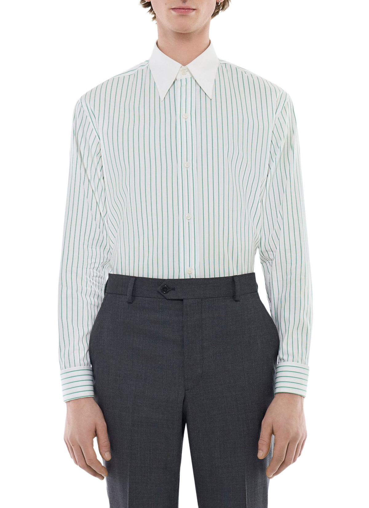 Chemise Col Blanc En Popeline Rayée - Vert Pomme
