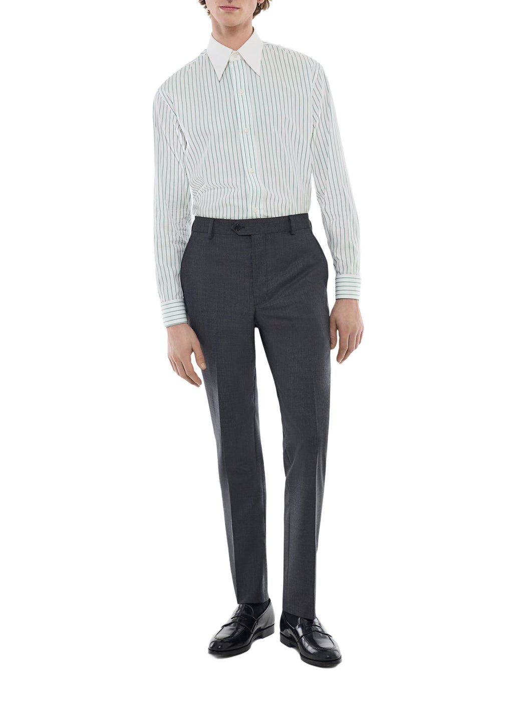 Chemise Col Blanc En Popeline Rayée - Vert Pomme