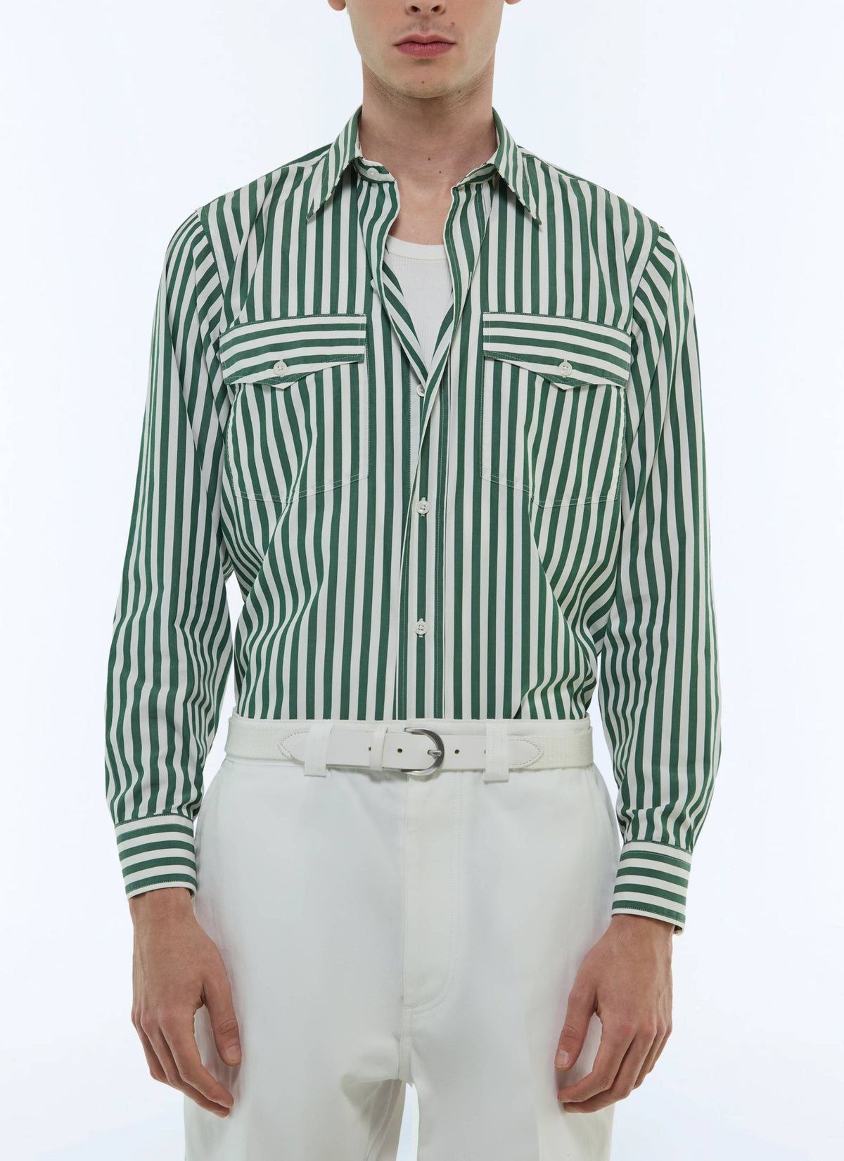 Camicia a righe con tasche a pattina - Verde bottiglia