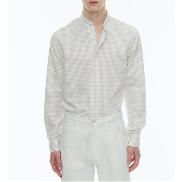 Camicia Con Collo Alla Coreana In Cotone Smerigliato - Ecrù - Quadri Neri