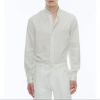 Grandfather Collar Shirt In Brushed Cotton - Ecru - Black Checks