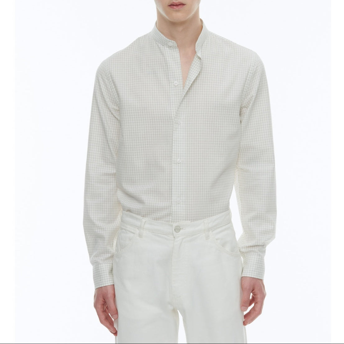 Grandfather Collar Shirt In Brushed Cotton - Ecru - Black Checks