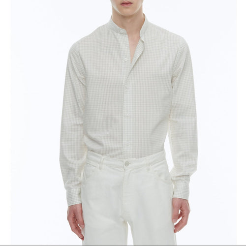 Camisa con cuello abuelo en algodón cepillado - Crudo - Cuadros negros