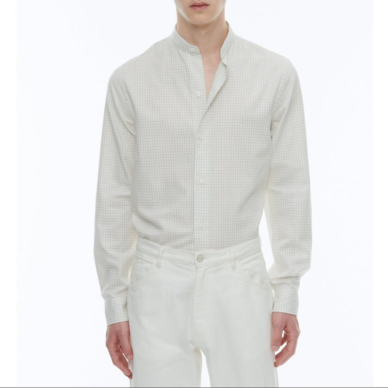 Chemise À Col Grand-Père En Coton Gratté - Ecru - Carreaux Noirs