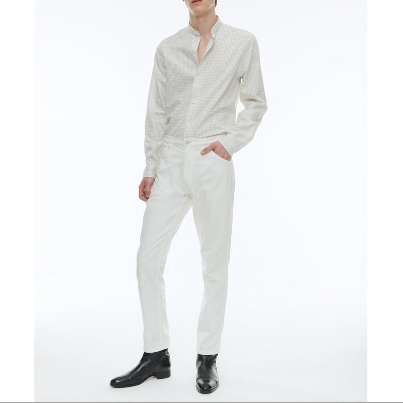 Chemise À Col Grand-Père En Coton Gratté - Ecru - Carreaux Noirs