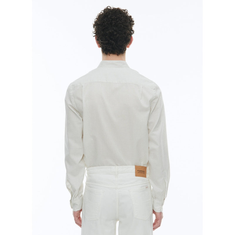 Chemise À Col Grand-Père En Coton Gratté - Ecru - Carreaux Noirs